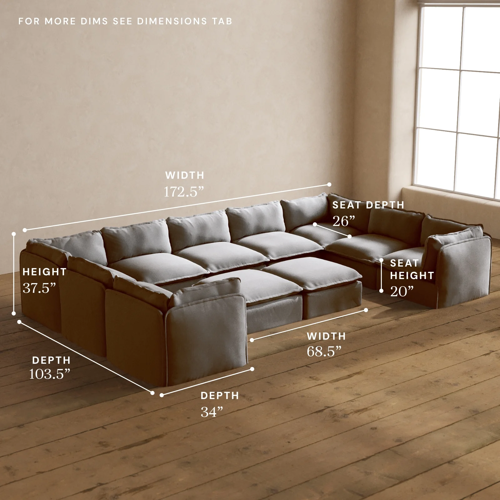 Modular Washable 9-Seater U-Sectional + Bench Ottoman in Pumice | Deluxe+ Seat | Cloud Pillow - Image 5
