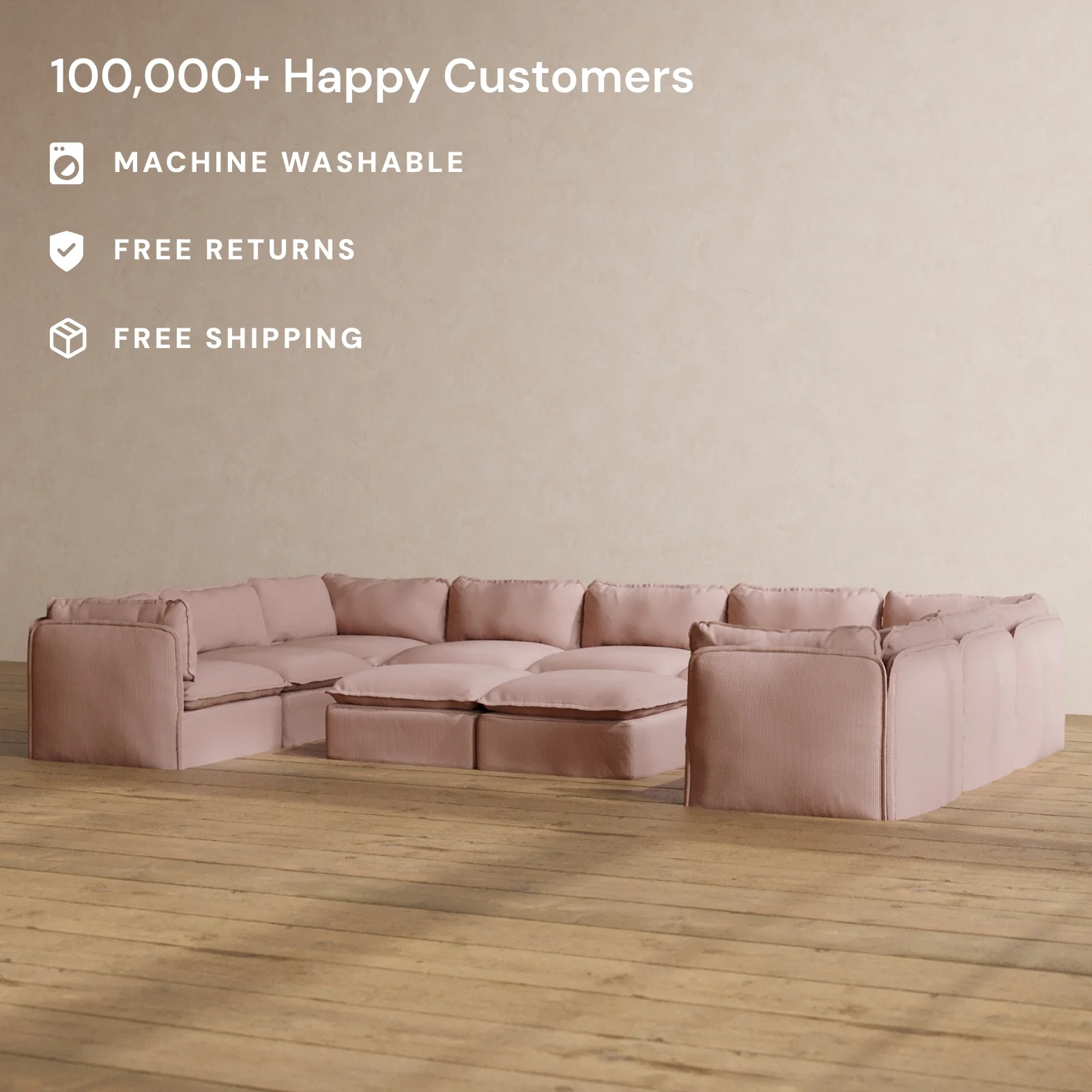 Modular Washable 9-Seater U-Sectional + Bench Ottoman in Sakura | Deluxe+ Seat | Cloud Pillow - Image 2