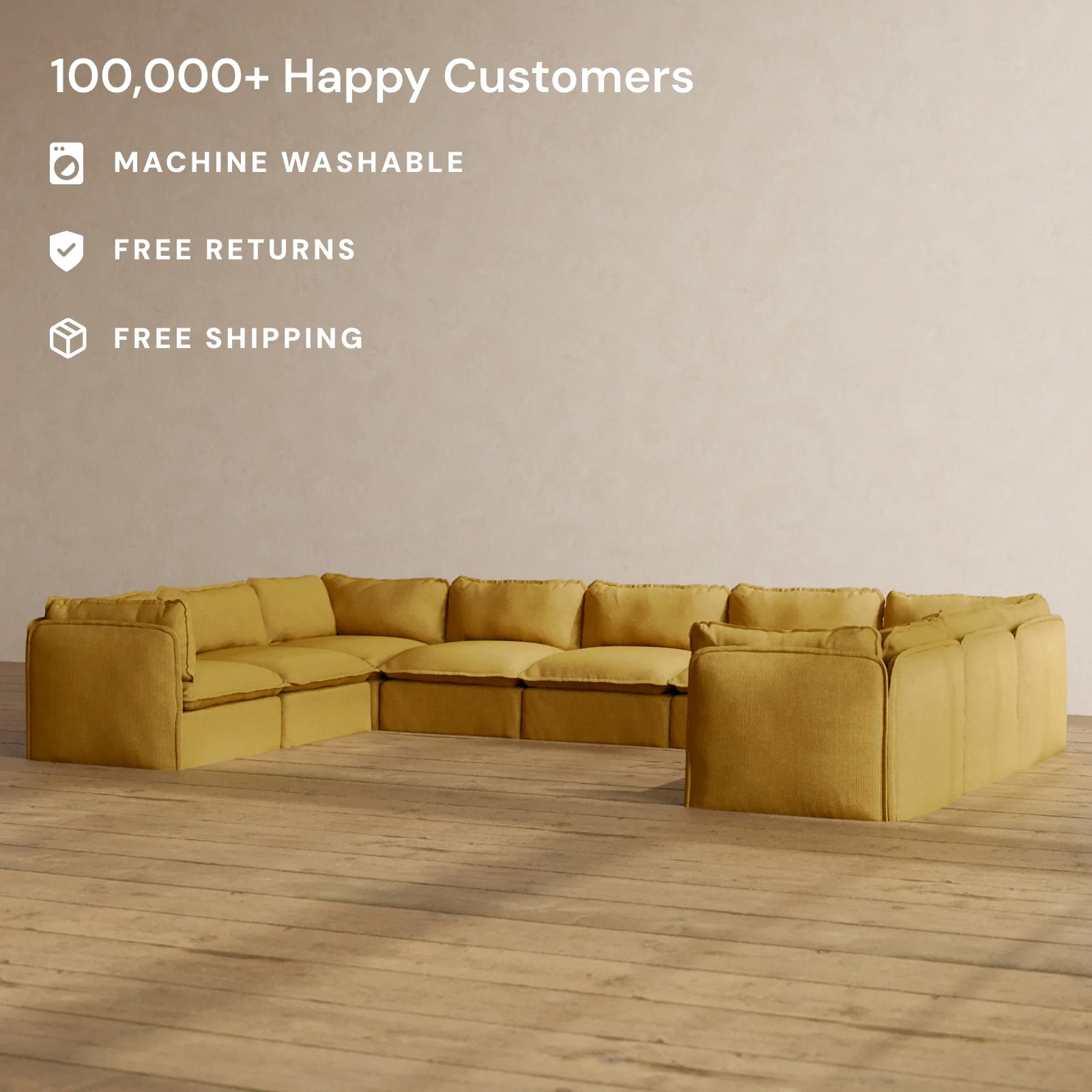 Modular Washable 9-Seater U-Sectional in Kiiro | Memorix+ Seat | Contour Pillow - Image 2