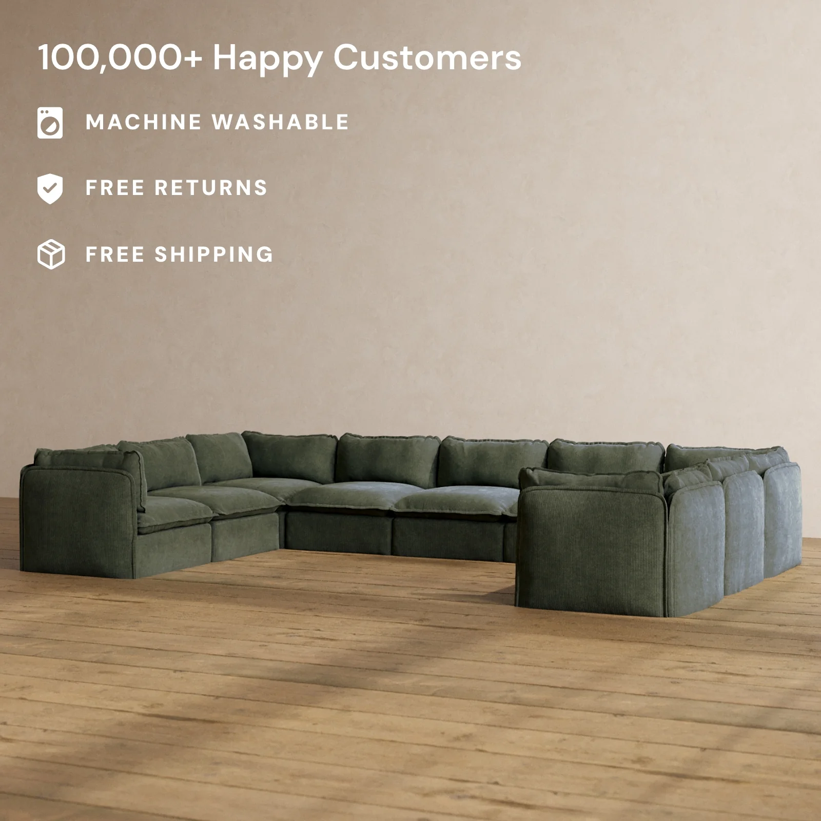 Modular Washable 9-Seater U-Sectional in Olivine | Deluxe+ Seat | Cloud Pillow - Image 2