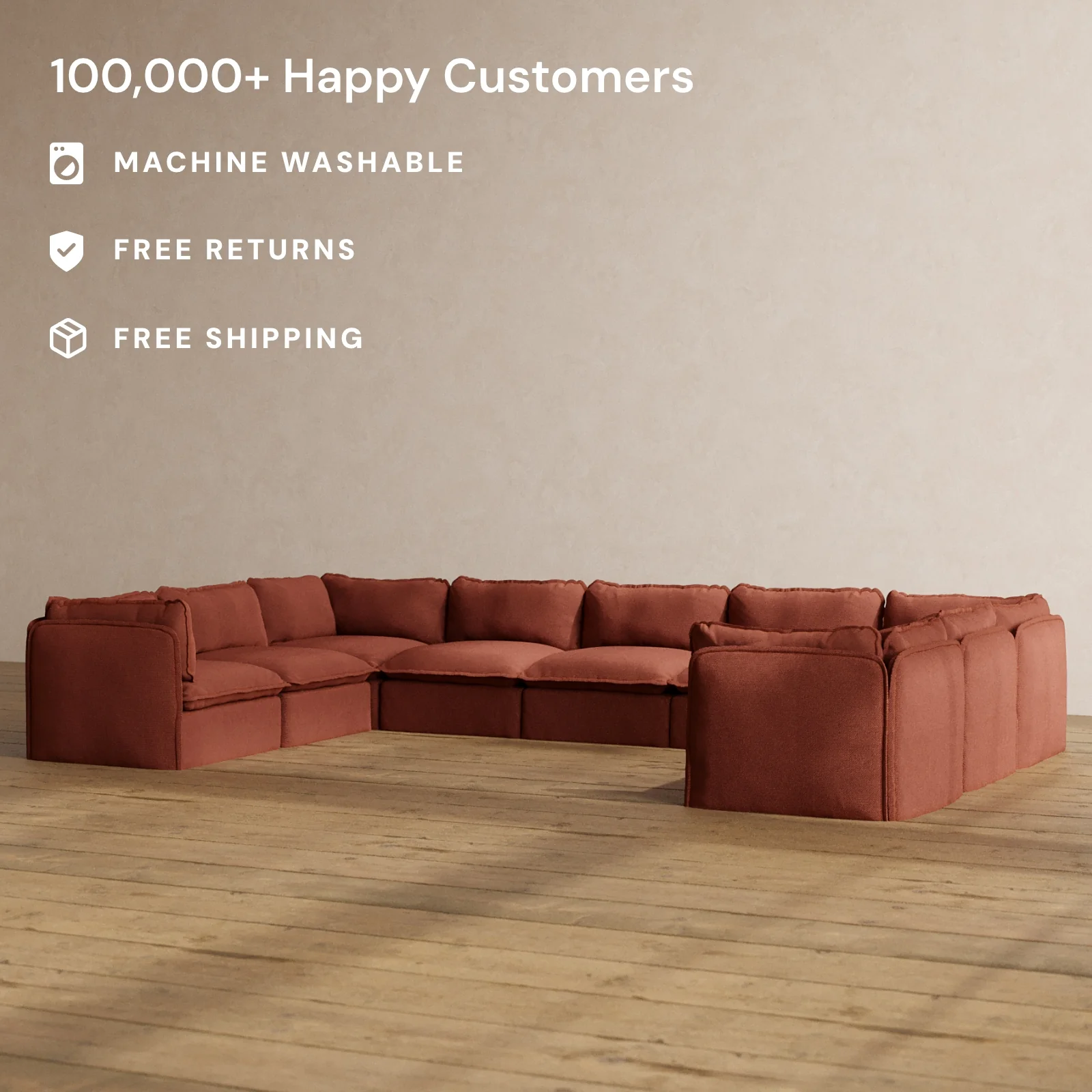 Modular Washable 9-Seater U-Sectional in Rust | Memorix+ Seat | Contour Pillow - Image 2