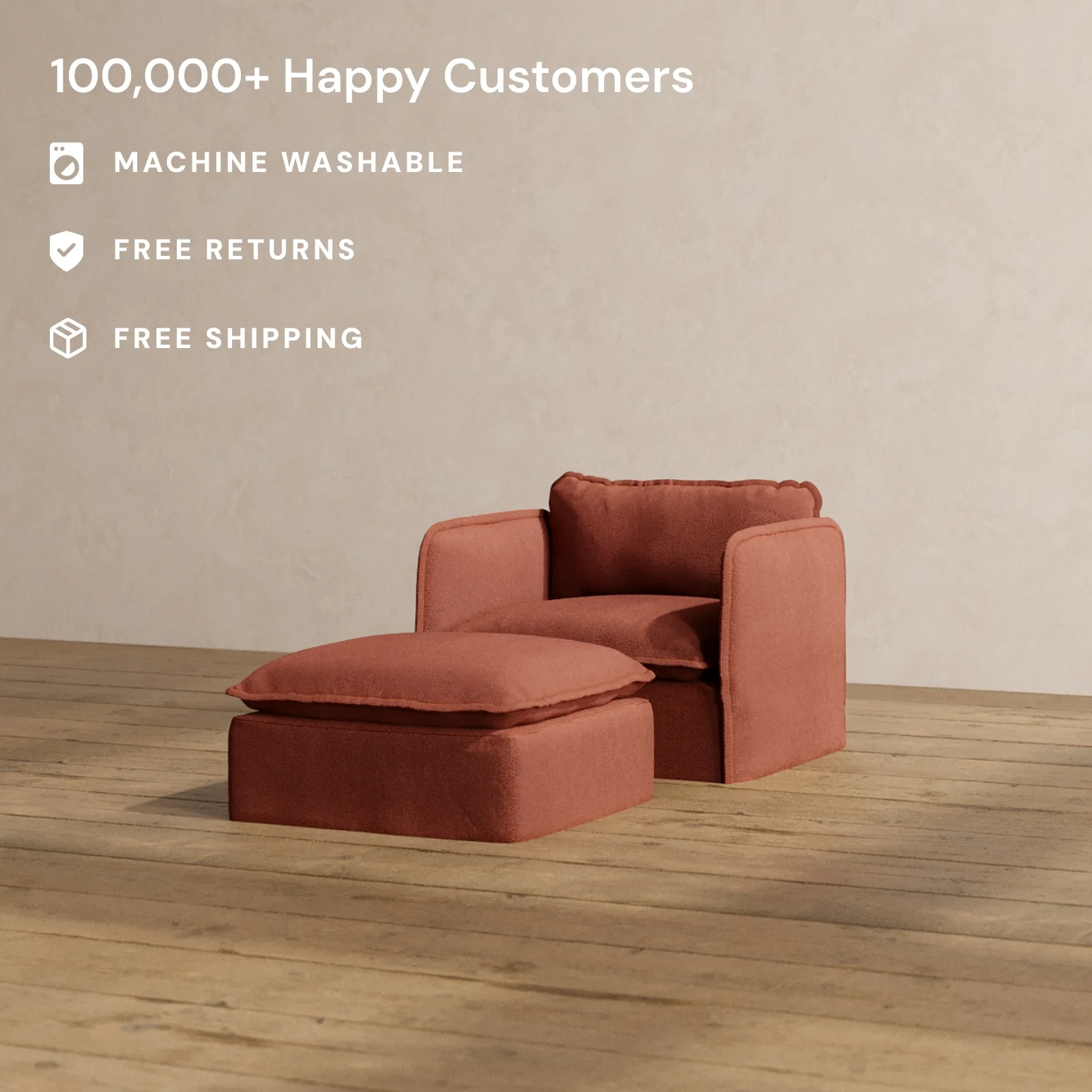 Modular Washable Armchair + Ottoman in Rust | Deluxe+ Seat | Cloud Pillow - Image 2