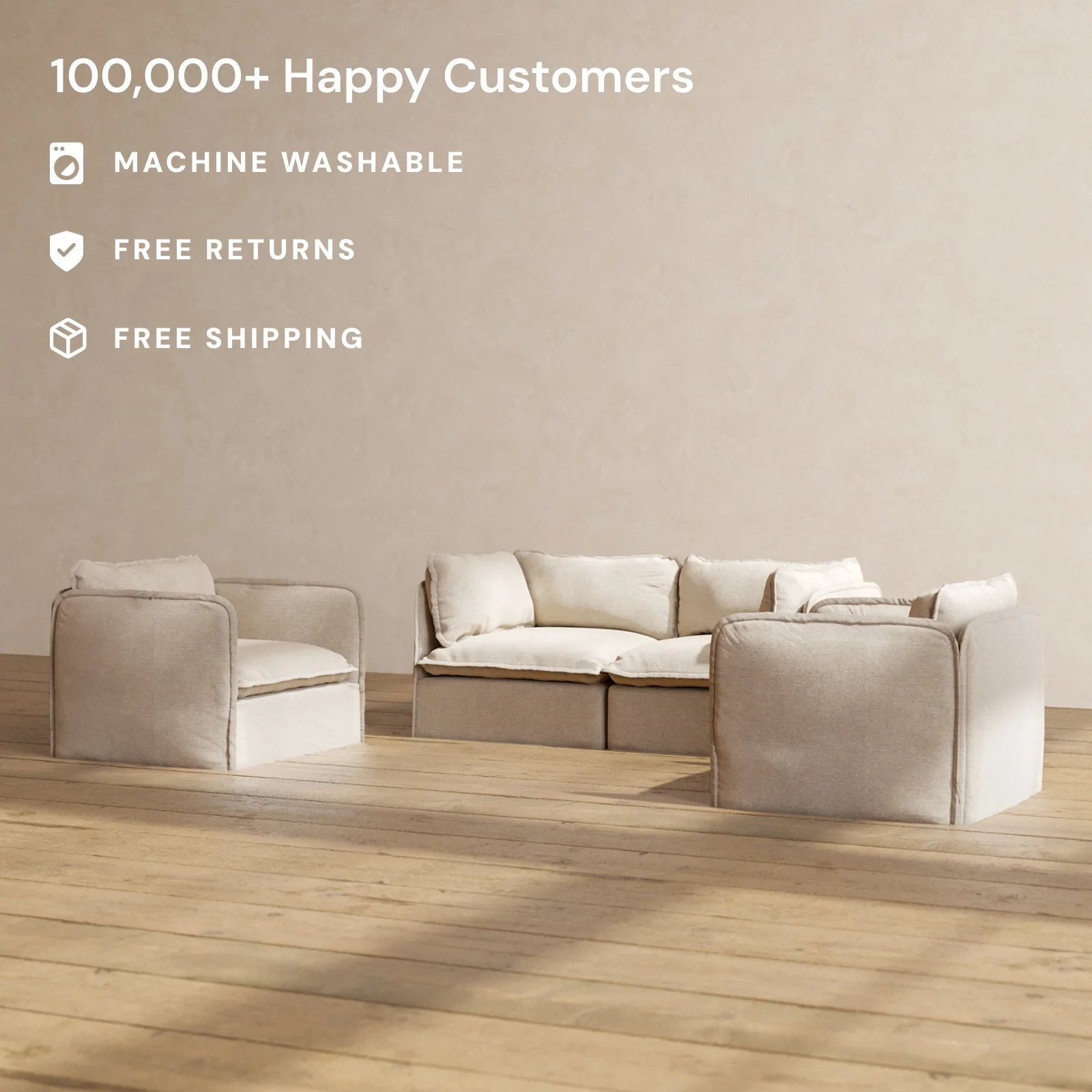 Slipcover Only - Modular Washable 2-Seater Sofa + Armchair Set in Oat - Image 2