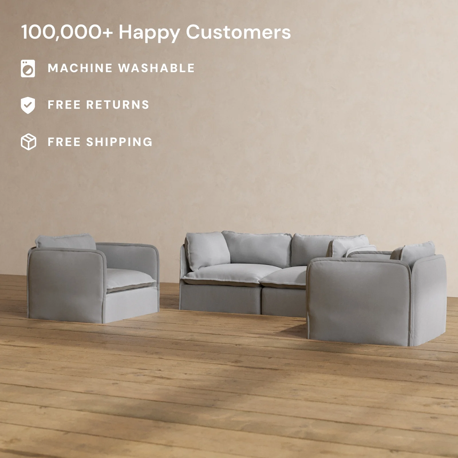 Slipcover Only - Modular Washable 2-Seater Sofa + Armchair Set in Pumice - Image 2