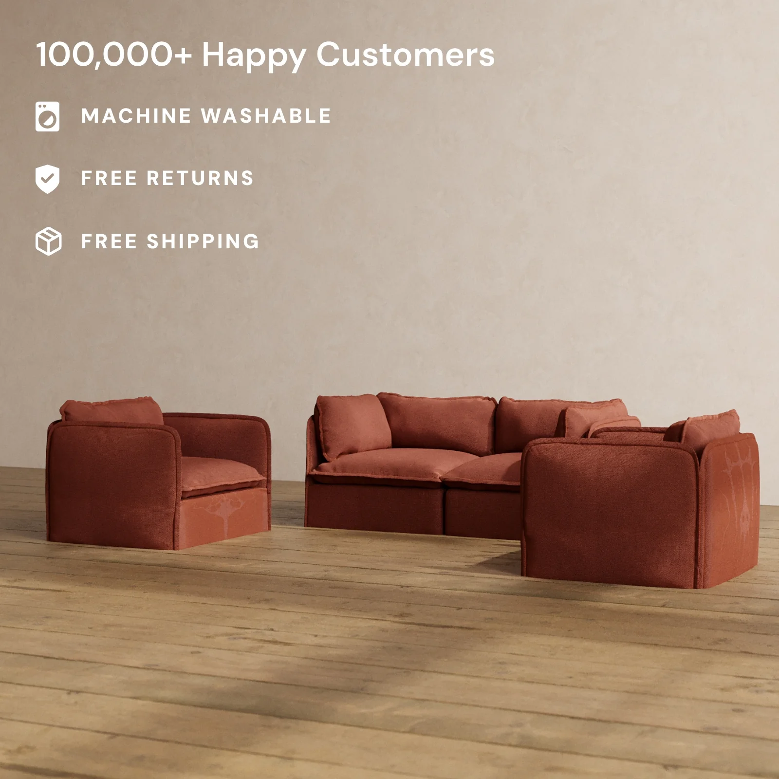 Slipcover Only - Modular Washable 2-Seater Sofa + Armchair Set in Rust - Image 2