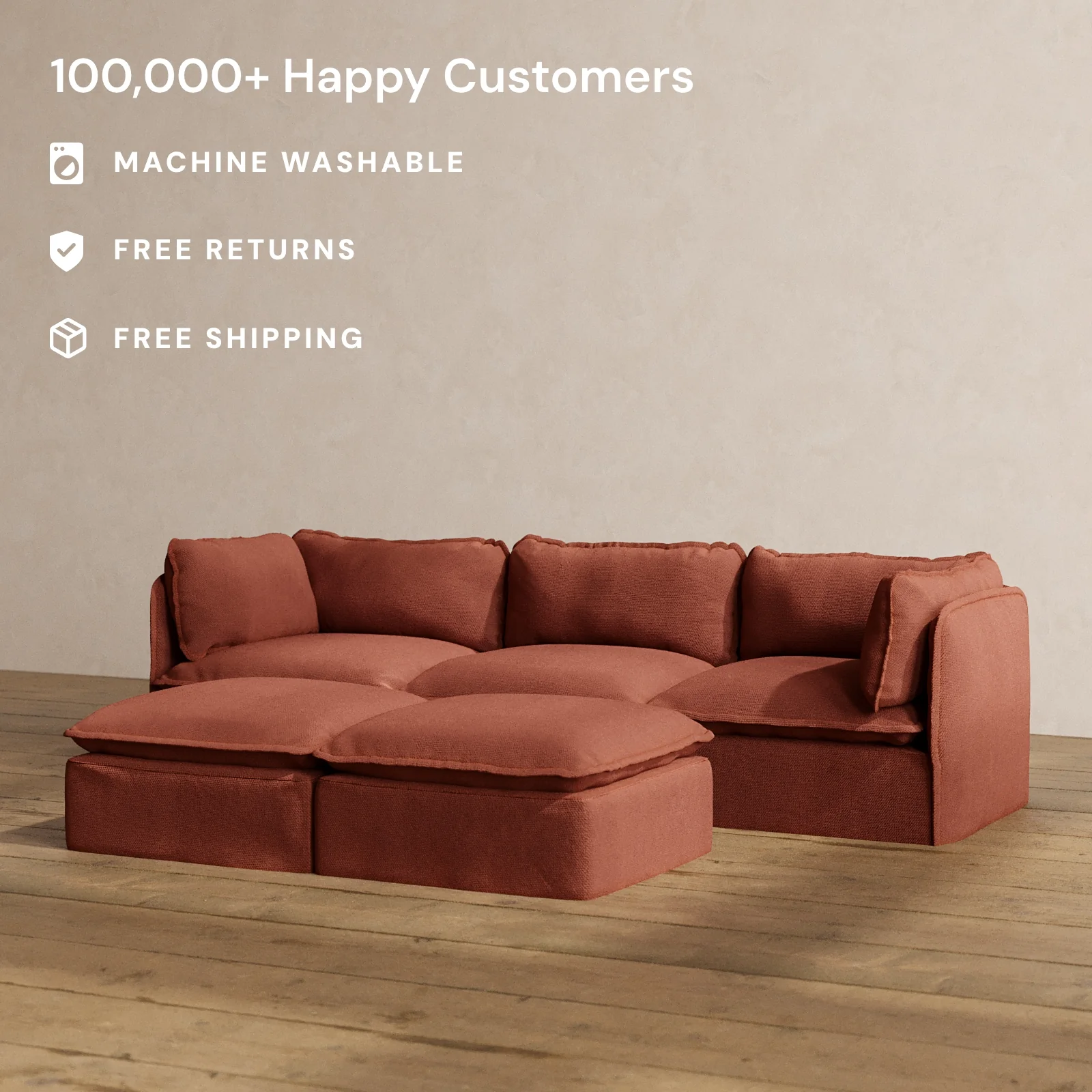 Slipcover Only - Modular Washable 3-Seater + Bench Ottoman in Rust - Image 2
