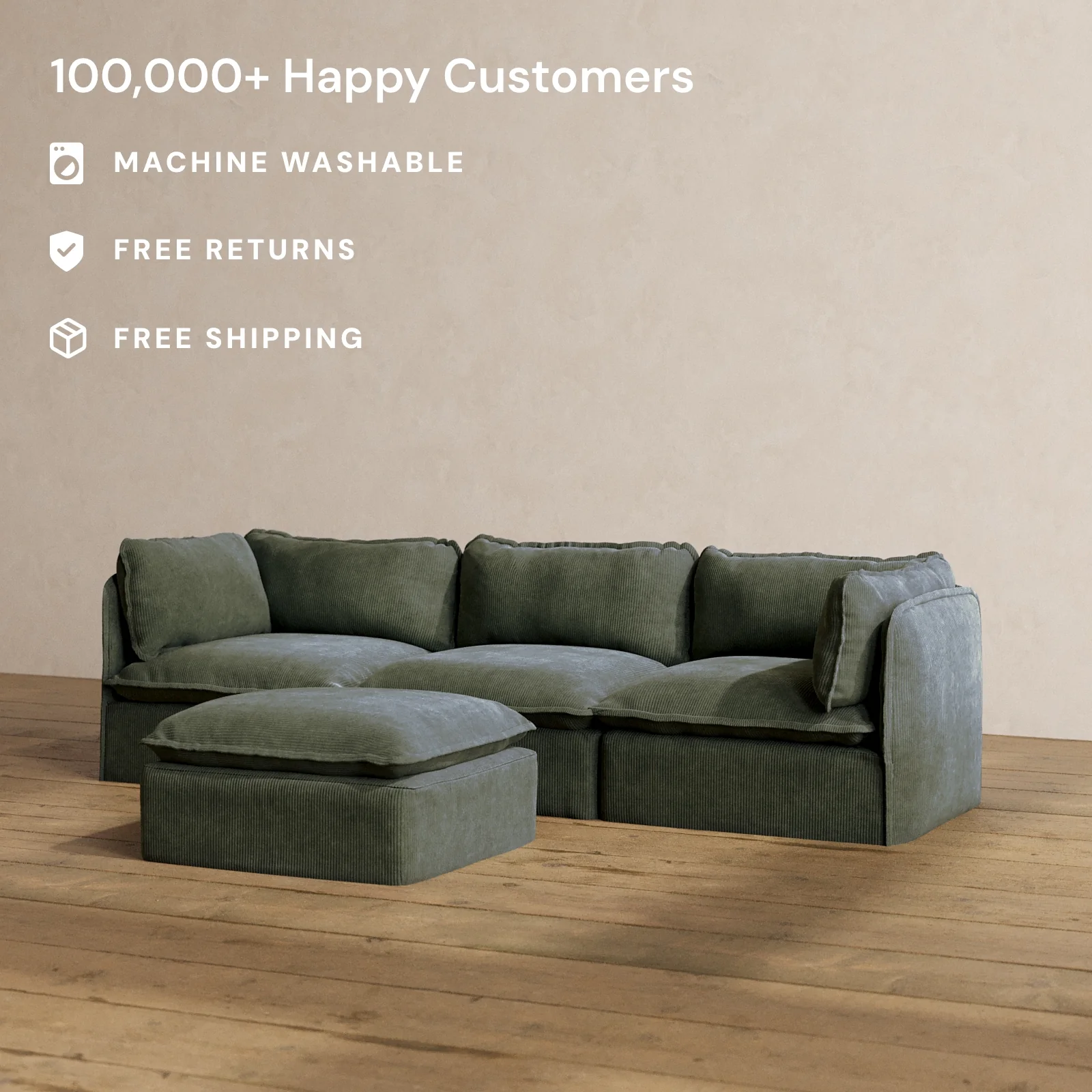 Slipcover Only - Modular Washable 3-Seater + Ottoman in Olivine - Image 2