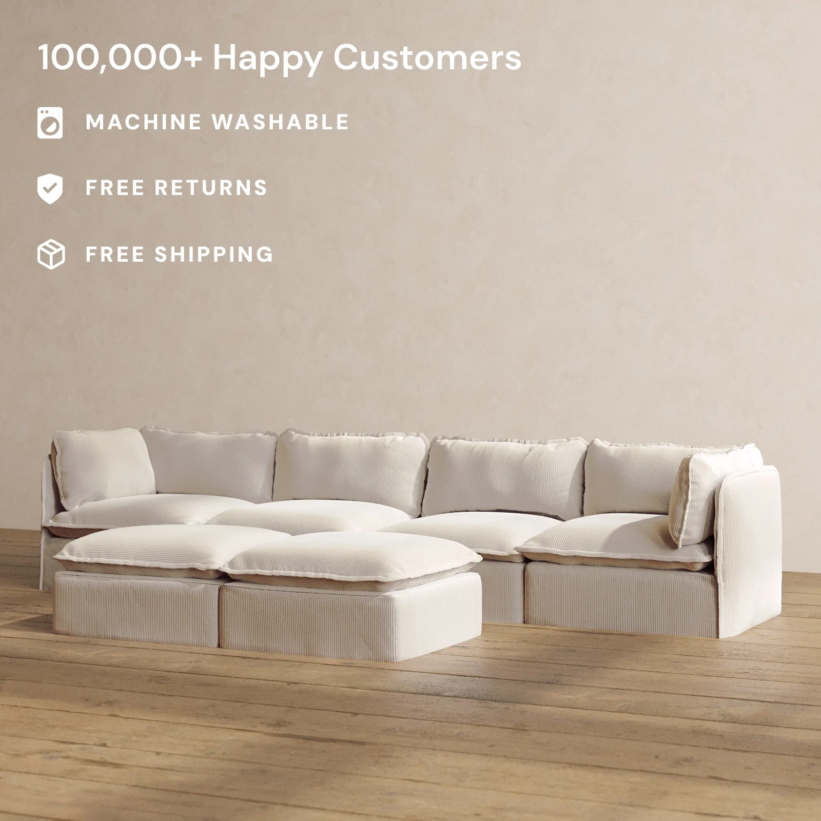 Slipcover Only - Modular Washable 4-Seater + Bench Ottoman in Milk - Image 2