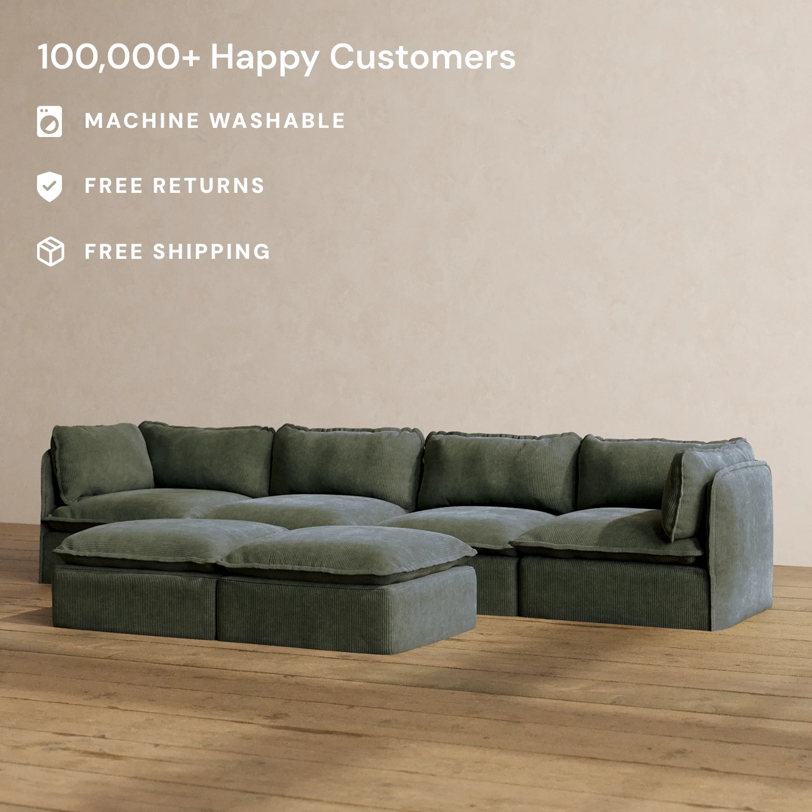 Slipcover Only - Modular Washable 4-Seater + Bench Ottoman in Olivine - Image 2