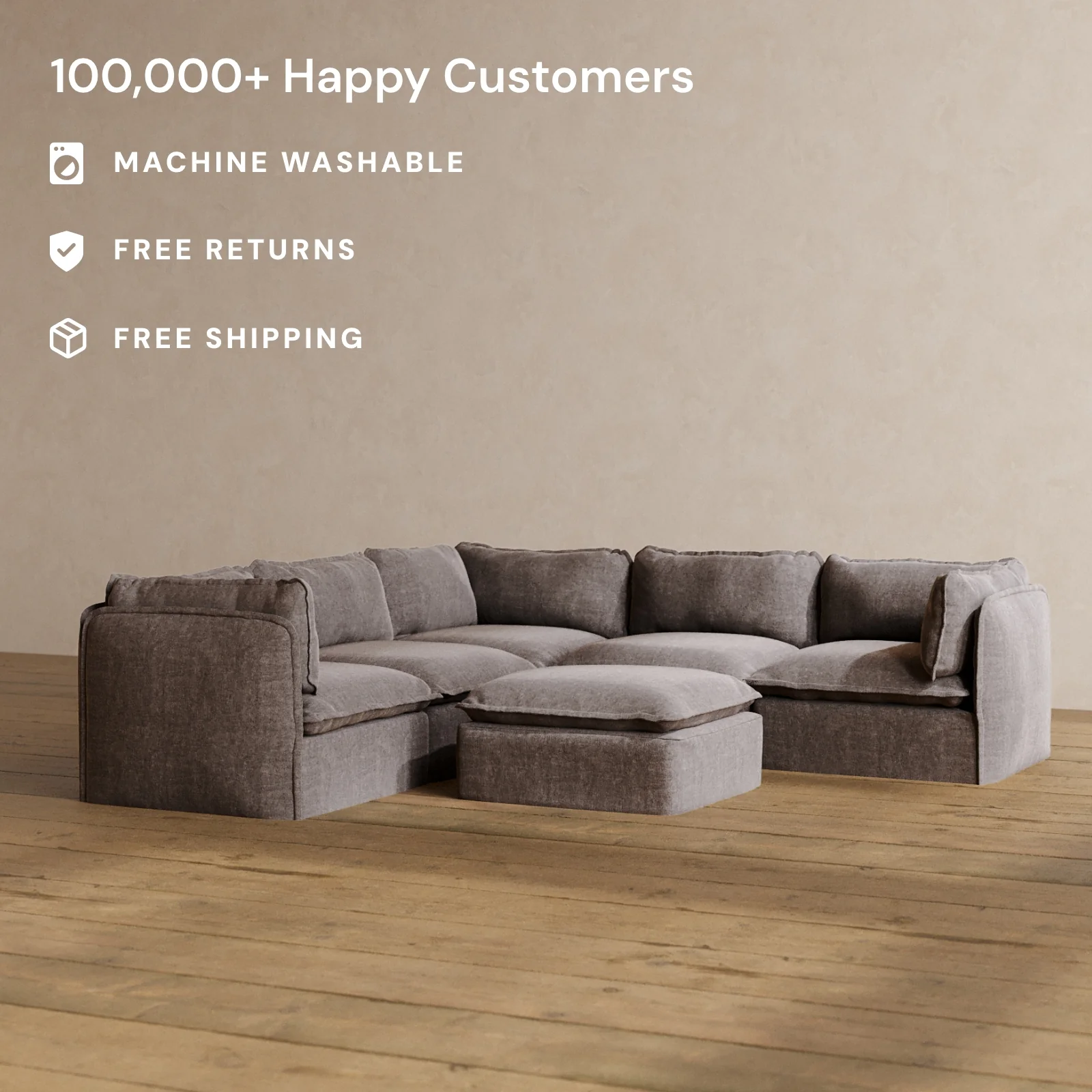 Slipcover Only - Modular Washable 4-Seater Corner Sectional + Ottoman in Caviar - Image 2