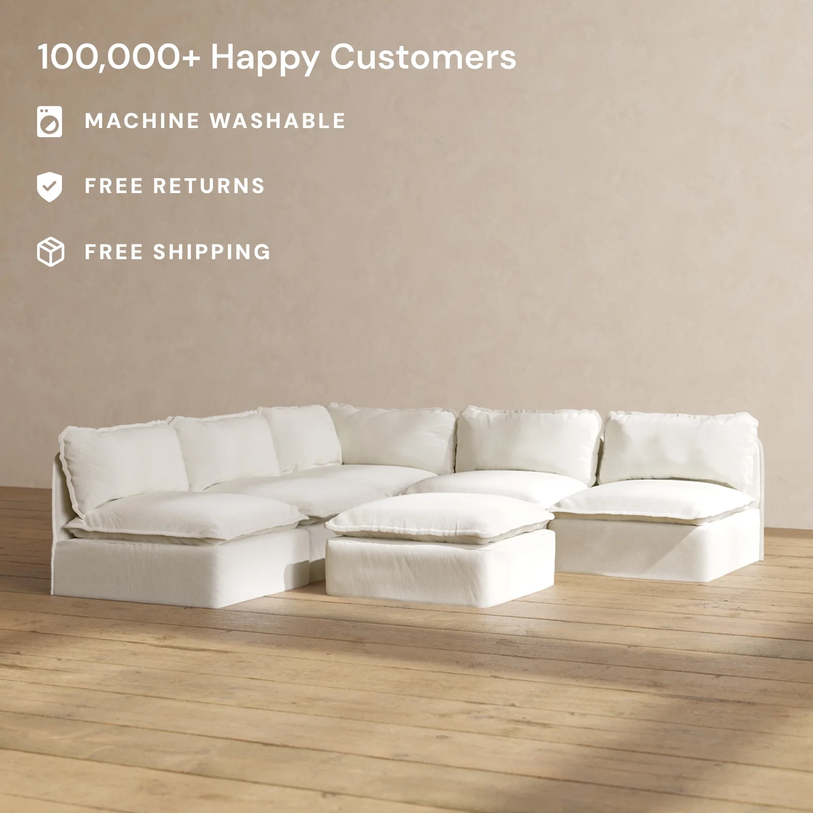 Slipcover Only - Modular Washable 5-Seater Open-Ends Corner Sectional + Ottoman in Eggshell - Image 2