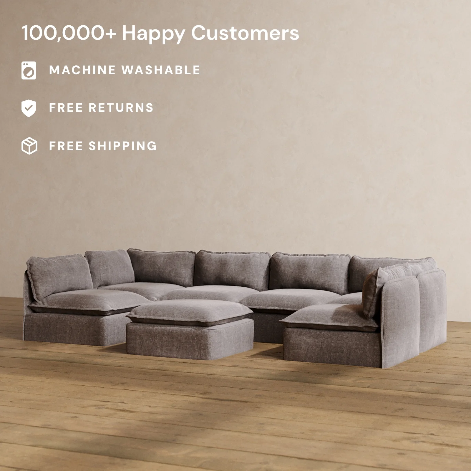 Slipcover Only - Modular Washable 6-Seater Open-Ends U-Sectional + Ottoman in Caviar - Image 2