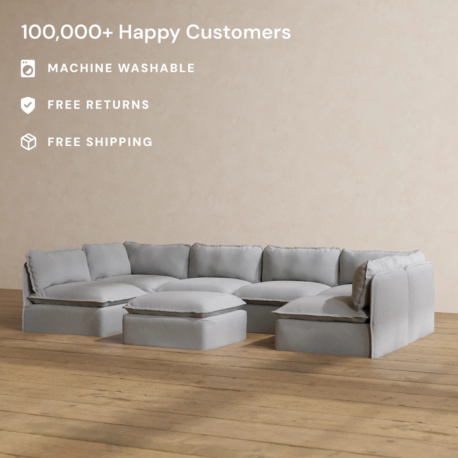 Slipcover Only - Modular Washable 6-Seater Open-Ends U-Sectional + Ottoman in Pumice - Image 2