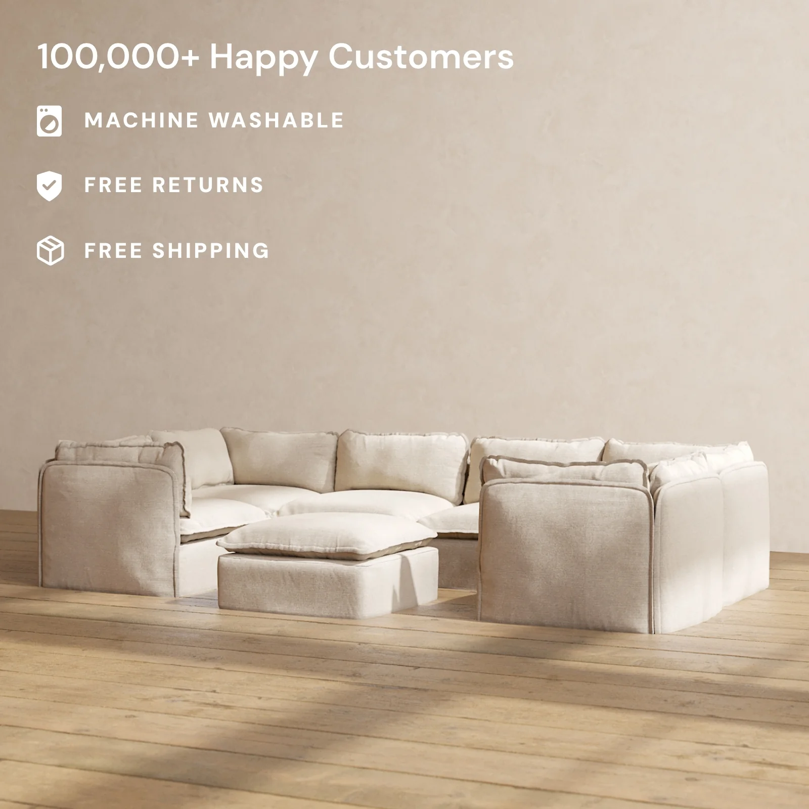 Slipcover Only - Modular Washable 6-Seater U-Sectional + Ottoman in Oat - Image 2