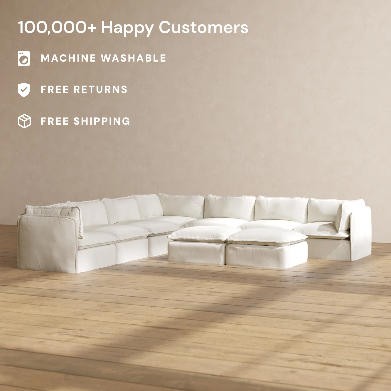 Slipcover Only - Modular Washable 7-Seater Corner Sectional + Bench Ottoman in Eggshell - Image 2