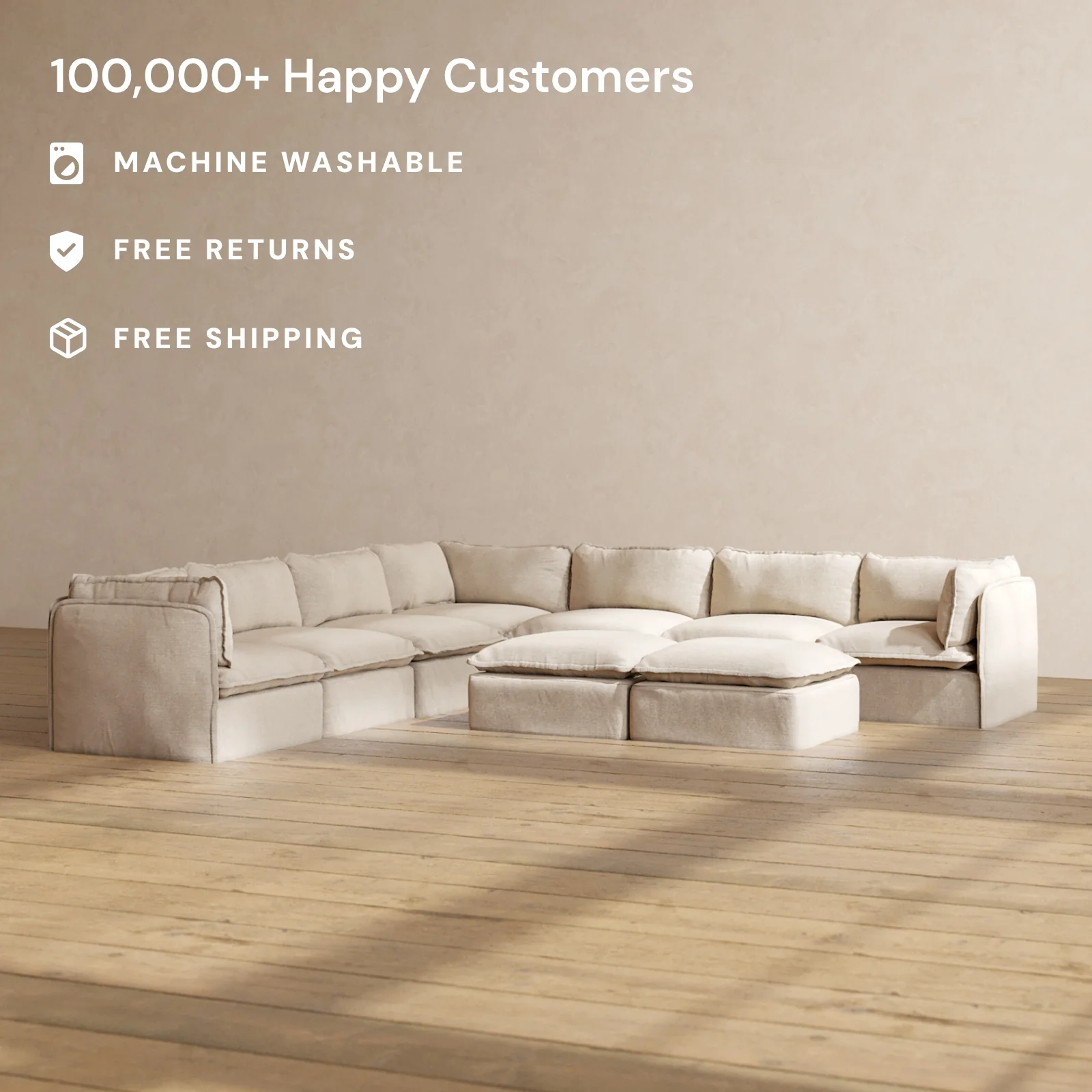 Slipcover Only - Modular Washable 7-Seater Corner Sectional + Bench Ottoman in Oat - Image 2