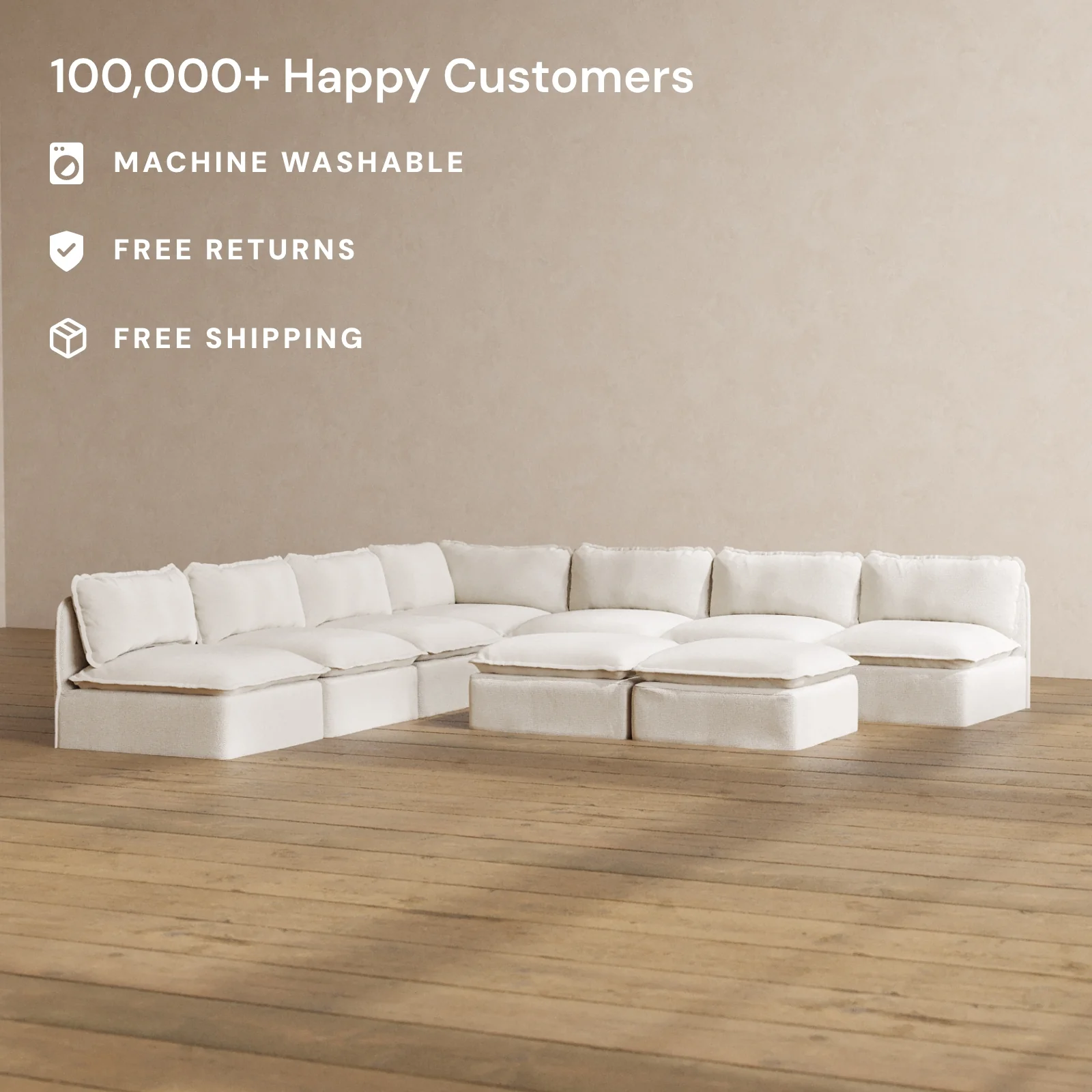 Slipcover Only - Modular Washable 7-Seater Open-Ends Corner Sectional + Bench Ottoman in Powder - Image 2