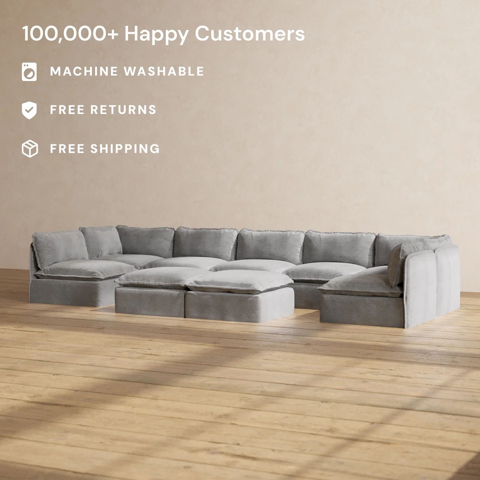 Slipcover Only - Modular Washable 7-Seater Open-Ends U-Sectional + Bench Ottoman in Ash - Image 2
