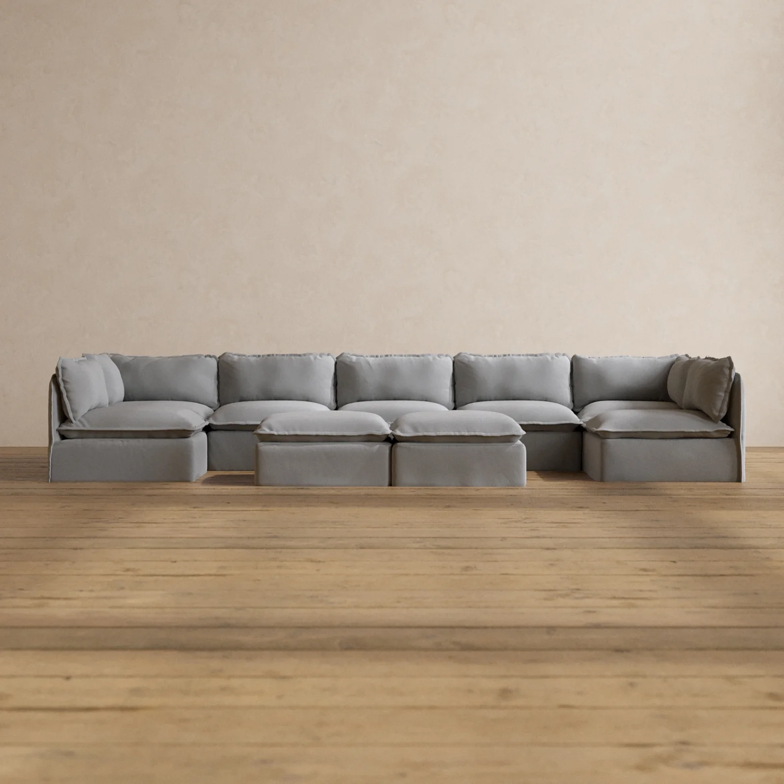 Slipcover Only - Modular Washable 7-Seater Open-Ends U-Sectional + Bench Ottoman in Pumice
