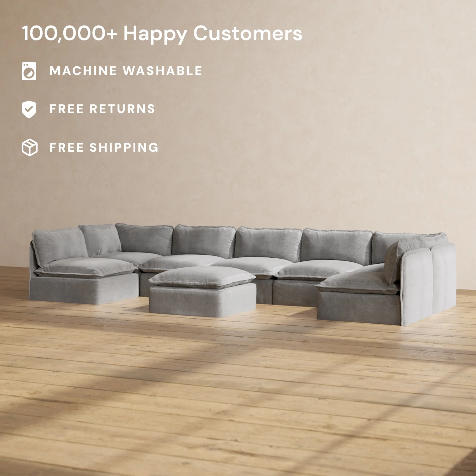 Slipcover Only - Modular Washable 7-Seater Open-Ends U-Sectional + Ottoman in Ash - Image 2