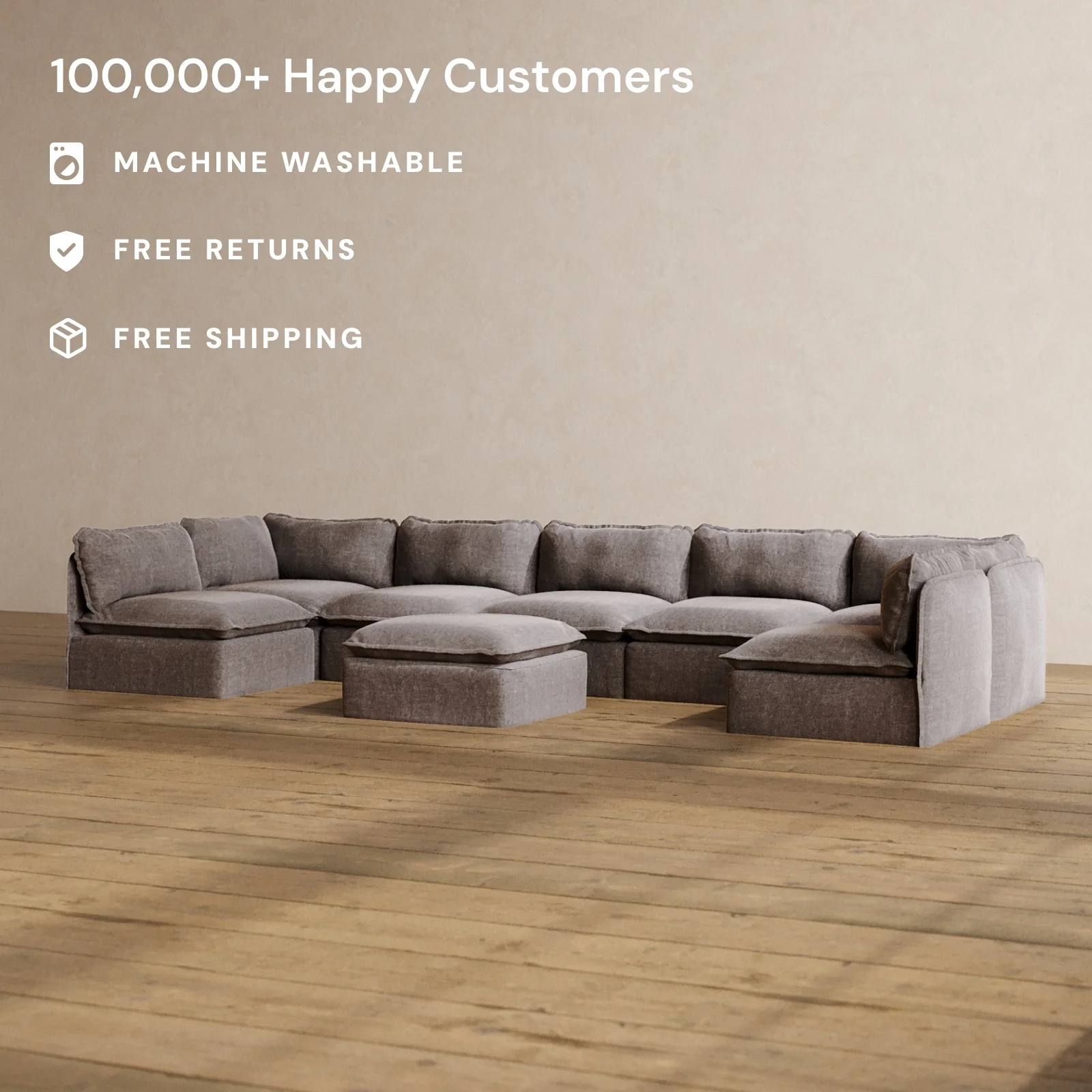 Slipcover Only - Modular Washable 7-Seater Open-Ends U-Sectional + Ottoman in Caviar - Image 2
