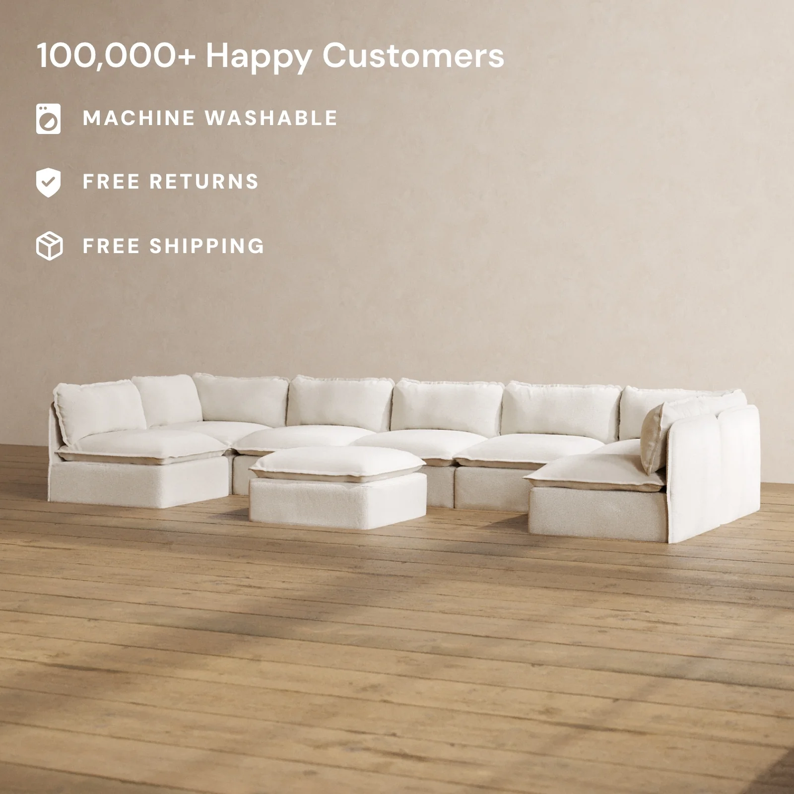 Slipcover Only - Modular Washable 7-Seater Open-Ends U-Sectional + Ottoman in Powder - Image 2
