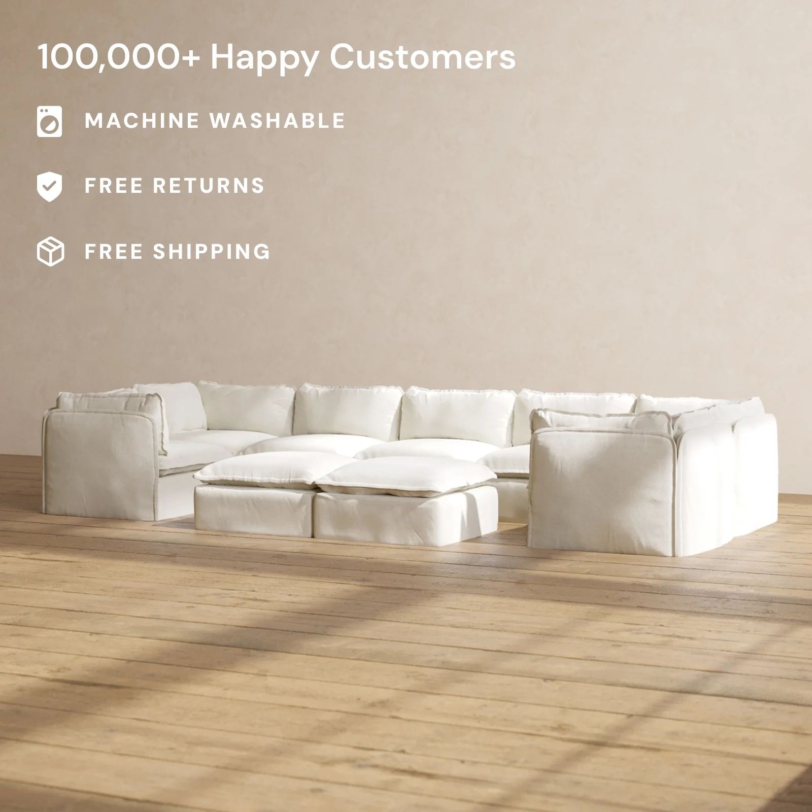 Slipcover Only - Modular Washable 7-Seater U-Sectional + Bench Ottoman in Eggshell - Image 2