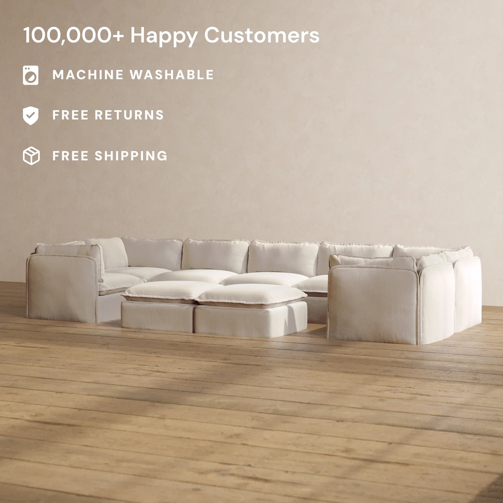 Slipcover Only - Modular Washable 7-Seater U-Sectional + Bench Ottoman in Milk - Image 2