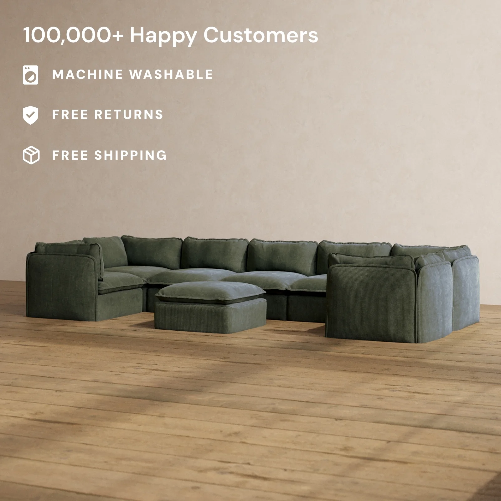 Slipcover Only - Modular Washable 7-Seater U-Sectional + Ottoman in Olivine - Image 2