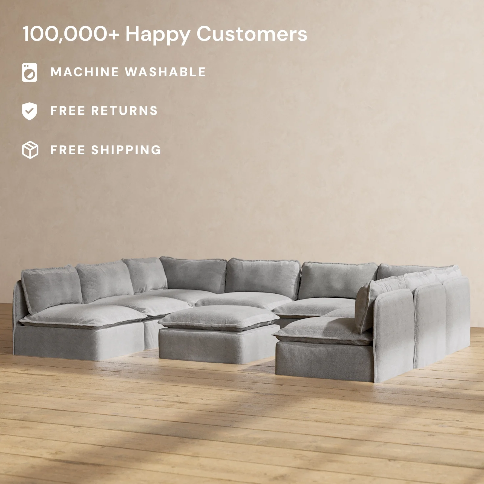 Slipcover Only - Modular Washable 8-Seater Open-Ends U-Sectional + Ottoman in Ash - Image 2