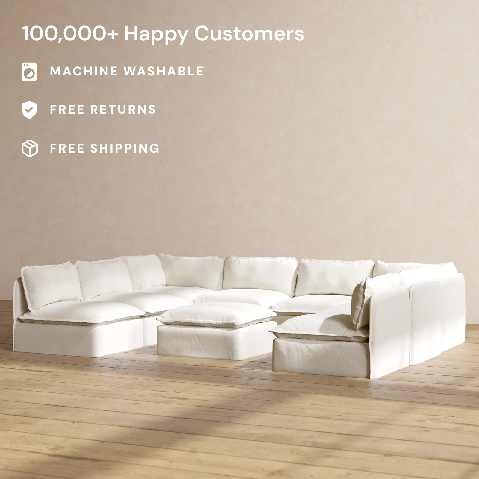 Slipcover Only - Modular Washable 8-Seater Open-Ends U-Sectional + Ottoman in Eggshell - Image 2