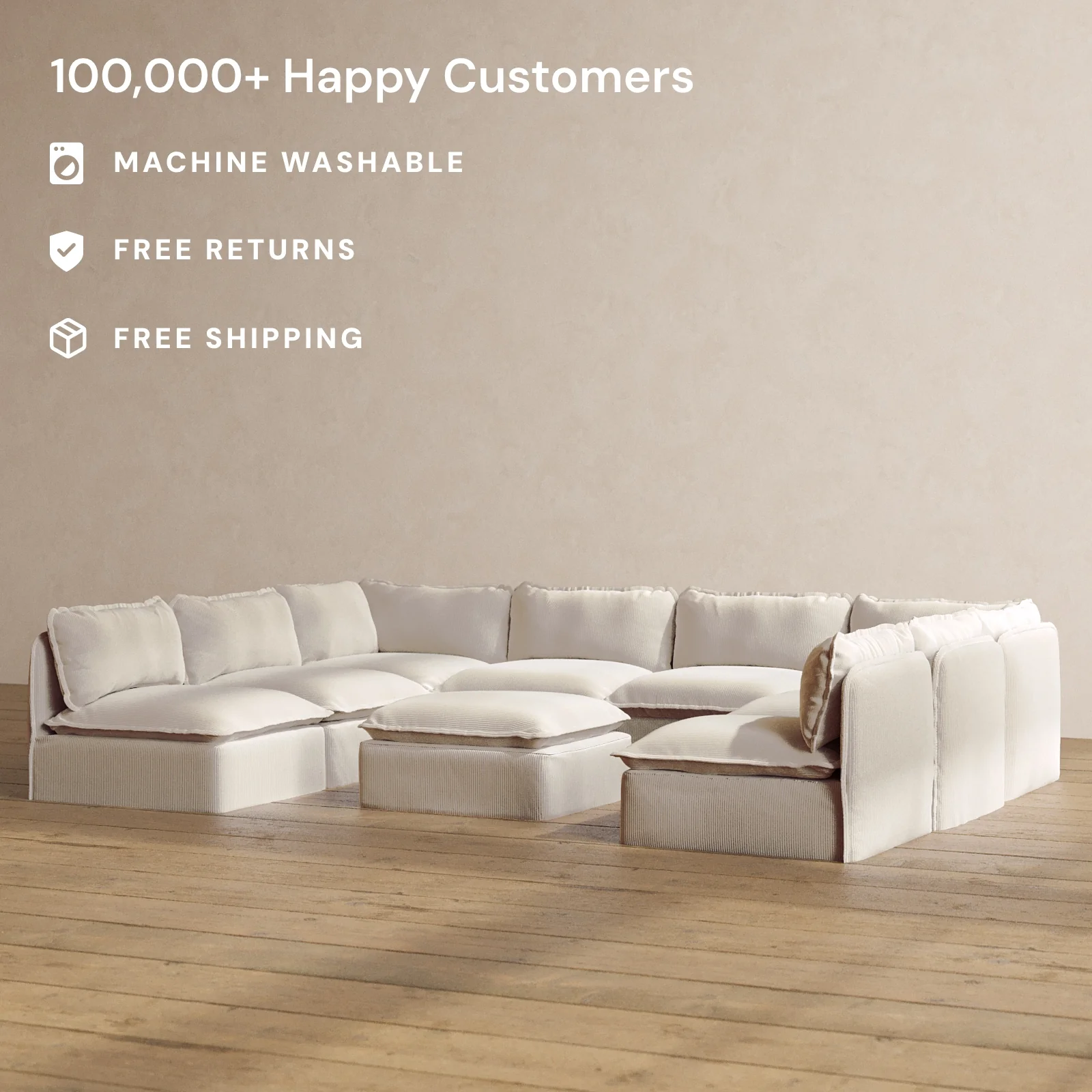 Slipcover Only - Modular Washable 8-Seater Open-Ends U-Sectional + Ottoman in Milk - Image 2