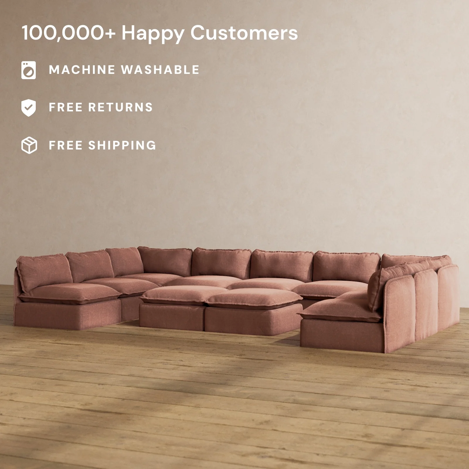 Slipcover Only - Modular Washable 9-Seater Open-Ends U-Sectional + Bench Ottoman in Chestnut - Image 2