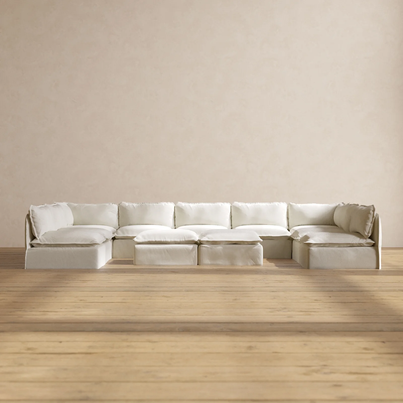Slipcover Only - Modular Washable 9-Seater Open-Ends U-Sectional + Bench Ottoman in Eggshell