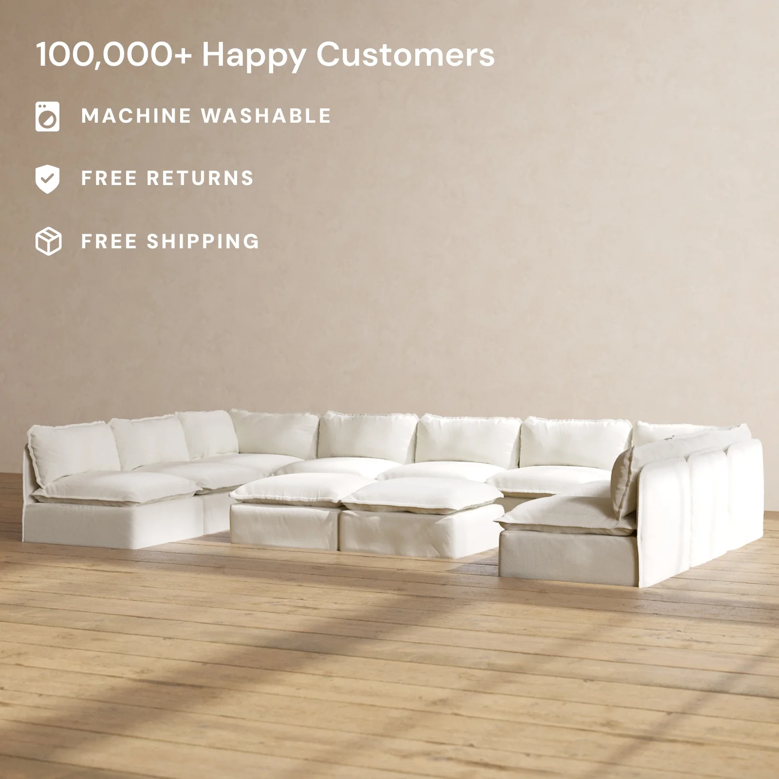 Slipcover Only - Modular Washable 9-Seater Open-Ends U-Sectional + Bench Ottoman in Eggshell - Image 2