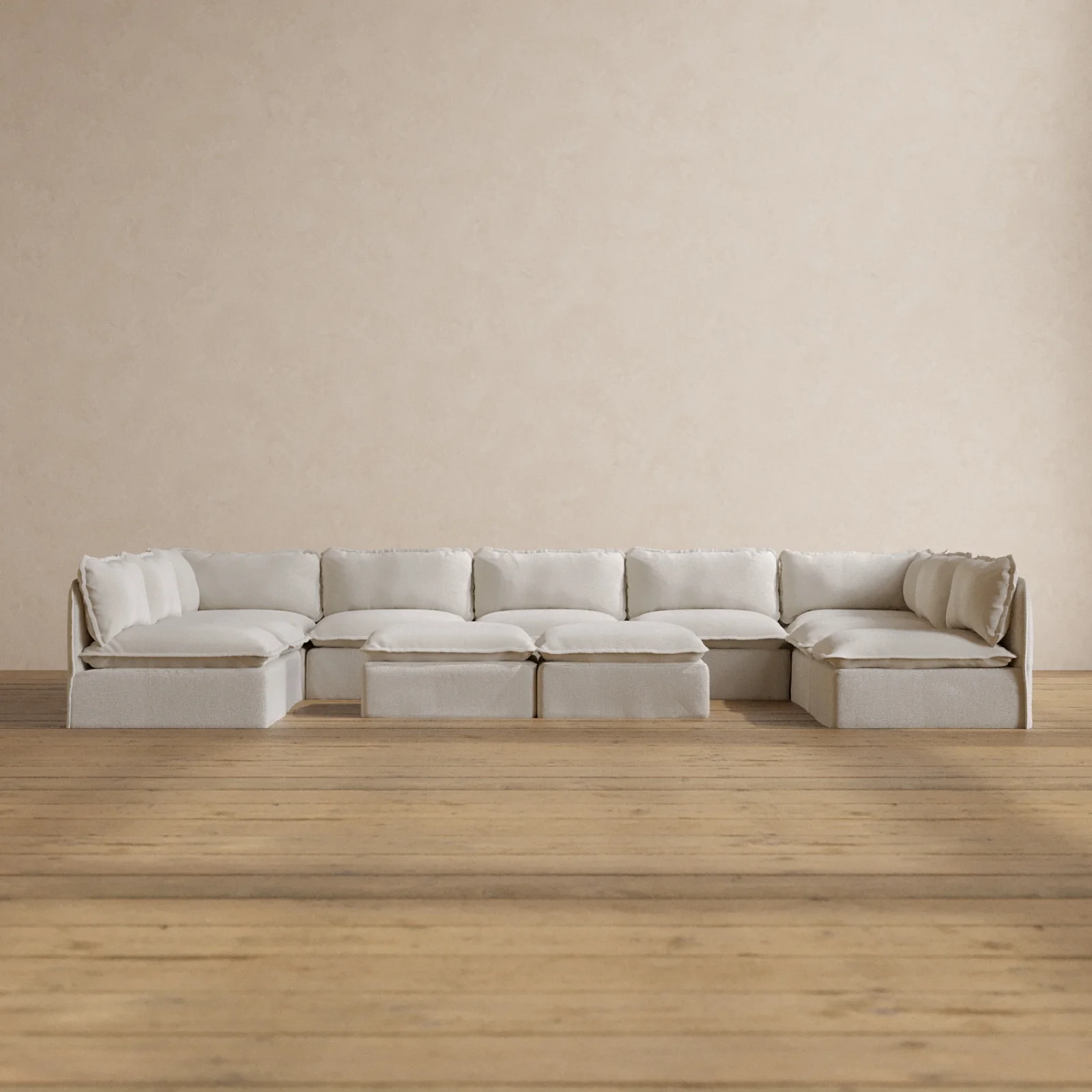 Slipcover Only - Modular Washable 9-Seater Open-Ends U-Sectional + Bench Ottoman in Powder