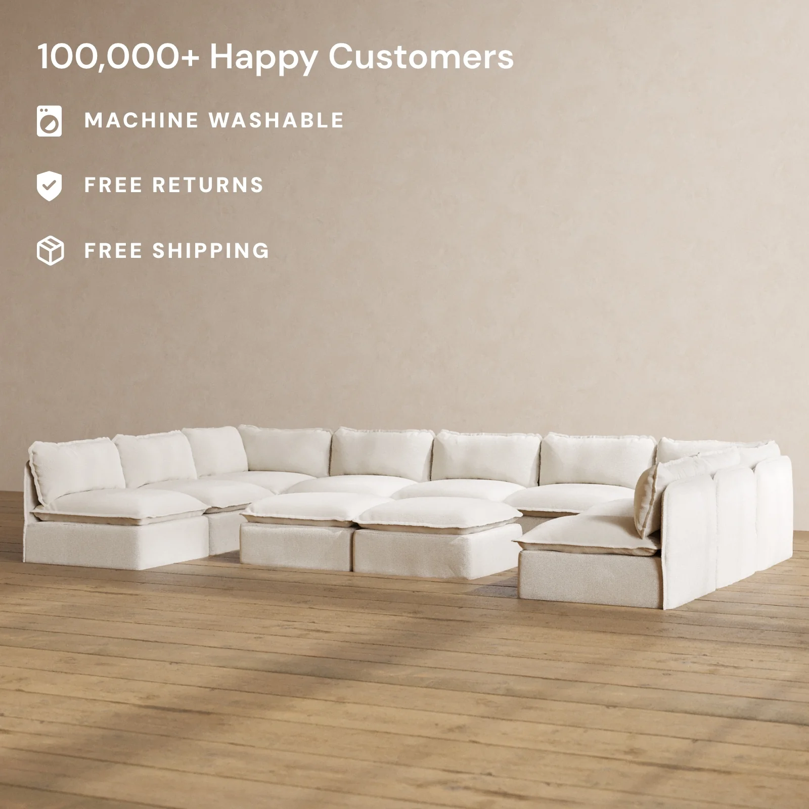 Slipcover Only - Modular Washable 9-Seater Open-Ends U-Sectional + Bench Ottoman in Powder - Image 2
