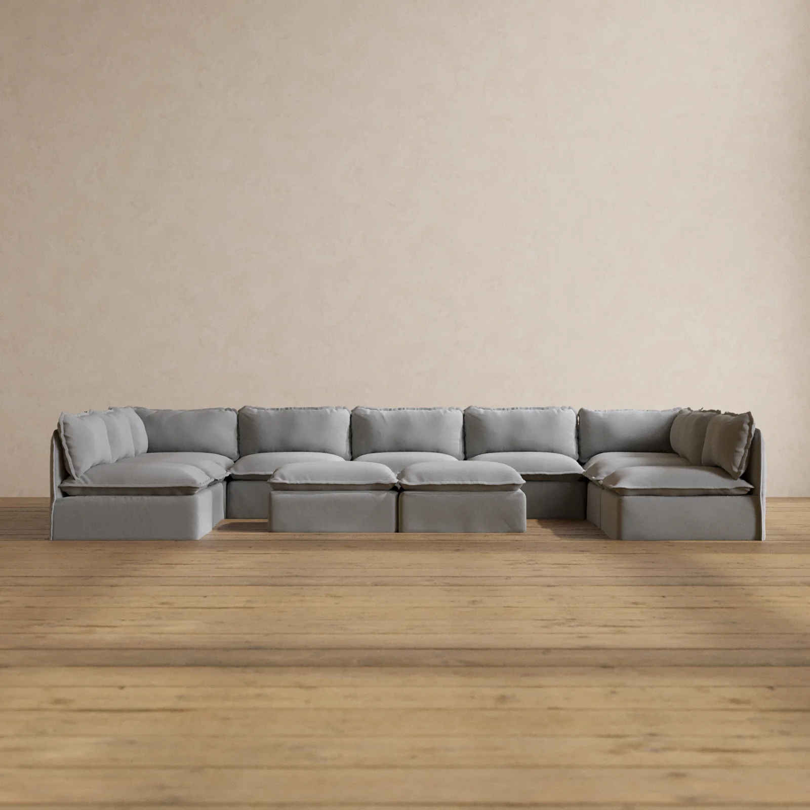 Slipcover Only - Modular Washable 9-Seater Open-Ends U-Sectional + Bench Ottoman in Pumice
