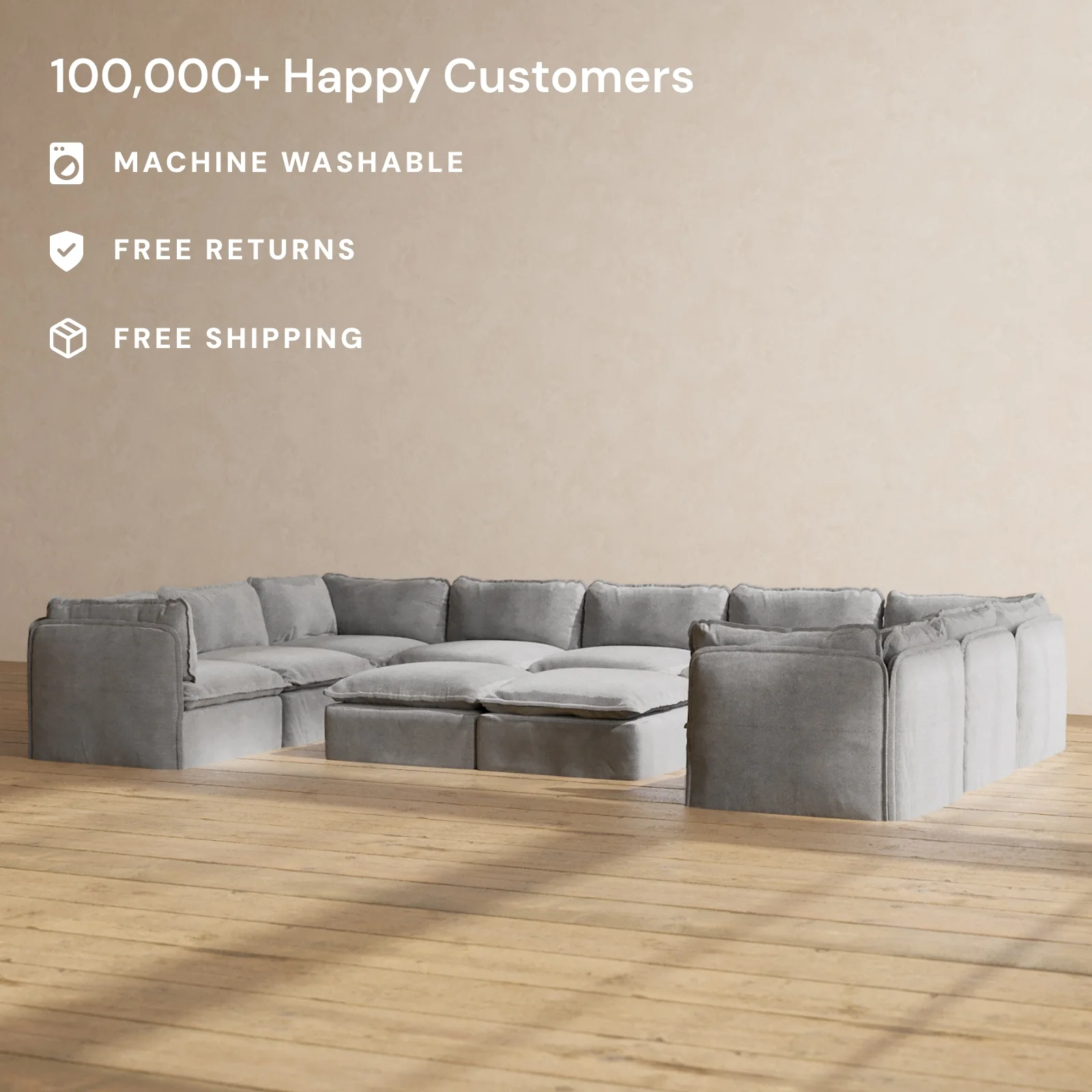 Slipcover Only - Modular Washable 9-Seater U-Sectional + Bench Ottoman in Ash - Image 2
