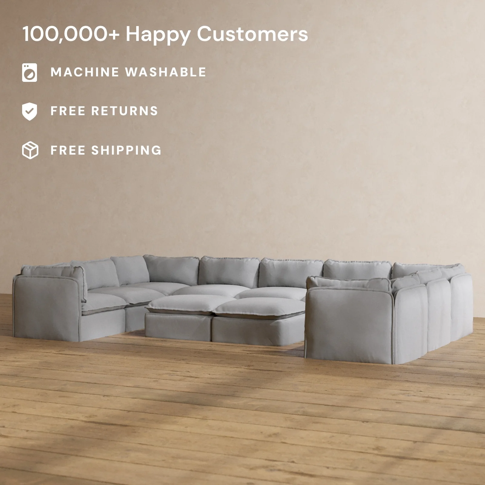 Slipcover Only - Modular Washable 9-Seater U-Sectional + Bench Ottoman in Pumice - Image 2