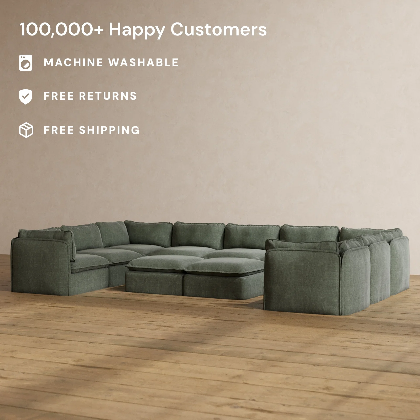Slipcover Only - Modular Washable 9-Seater U-Sectional + Bench Ottoman in Willow - Image 2